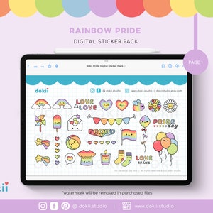 May include: A digital sticker pack with a rainbow theme featuring illustrations of hearts, rainbows, stars, flags, and other pride-themed designs. The text "LOVE is LOVE", "PROUD", "PRIDE day", and "LOVE wins" is included in the design.
