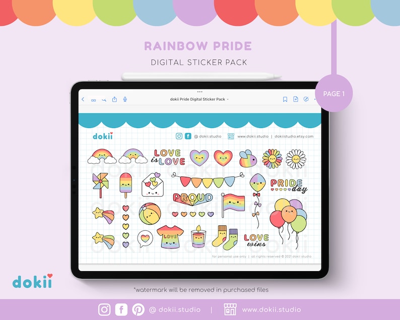 May include: A digital sticker pack with a rainbow theme featuring illustrations of hearts, rainbows, stars, flags, and other pride-themed designs. The text "LOVE is LOVE", "PROUD", "PRIDE day", and "LOVE wins" is included in the design.