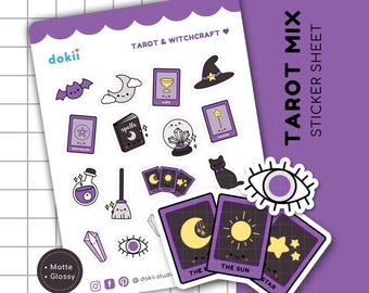 May include: A sheet of stickers featuring a tarot and witchcraft theme. The stickers are in a cartoon style and feature images of tarot cards, a witch's hat, a crystal ball, a wand, a broom, a potion bottle, a bat, a crescent moon, a pentagram, and an eye. The stickers are on a white background with purple text that reads "Tarot Mix Sticker Sheet".