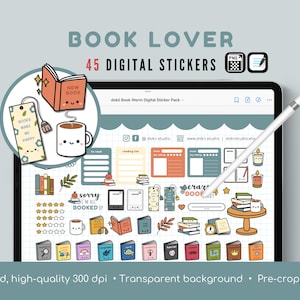 Appassionati di libri GoodNotes / 45 simpatici adesivi digitali per libri, adesivi per pianificatori di lettura, adesivi per il monitoraggio della lettura, PNG per libri di rilievo, ragazza letteraria