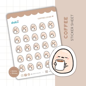 Adorable feuille d'autocollants pour café | Stickers planificateur de café kawaii, cadeau pour amateur de café, caractère autocollant Emoti dokii BEAN | Mais le café d'abord, une boisson chaude