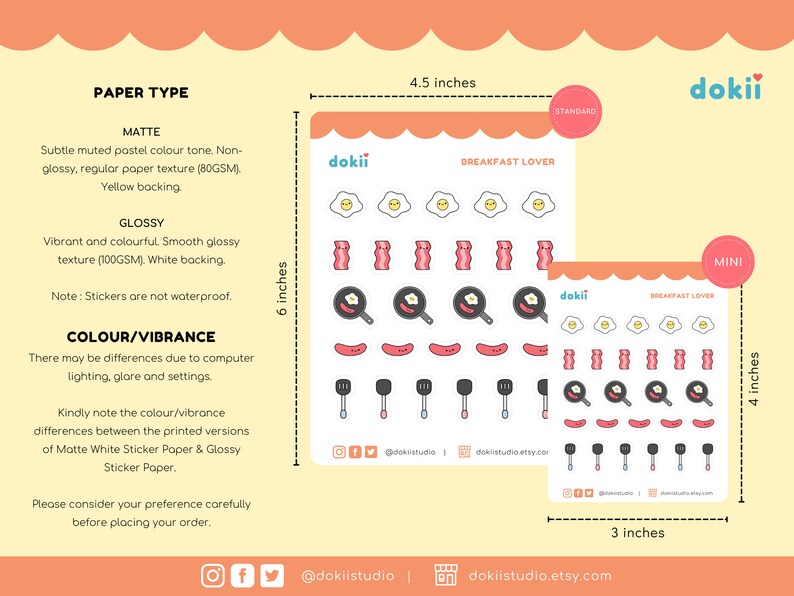 Pu&ograve; includere: Foglio di adesivi Breakfast Lover con una variet&agrave; di illustrazioni a tema colazione, tra cui uova, pancetta e spatole. Il foglio &egrave; disponibile in due dimensioni: standard (4,5 pollici per 6 pollici) e mini (3 pollici per 4 pollici).