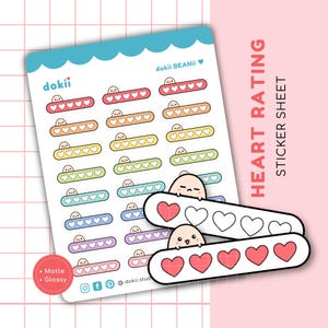 Folha de adesivos de classificação de coração fofo | Kawaii Heart Planner Sticker Star Tracker para leitura de livros, receitas de culinária, classificação de resenhas de filmes BEANii