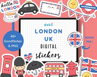 Kawaii London UK Digital Stickers, Cute United Kingdom Travel PNG Clipart GoodNotes Planner Sticker England Holiday King's Coronation