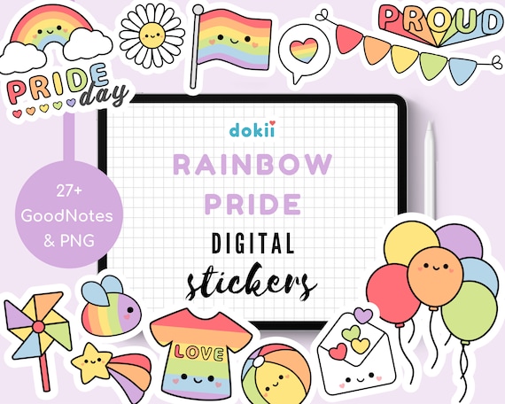 Kawaii Pride Digital Stickers, Cute LGBTQ+ GoodNotes PNG Clipart Rainbow Flag Queer Gay Bi Lesbian Equality Love Positivity Pride Month June