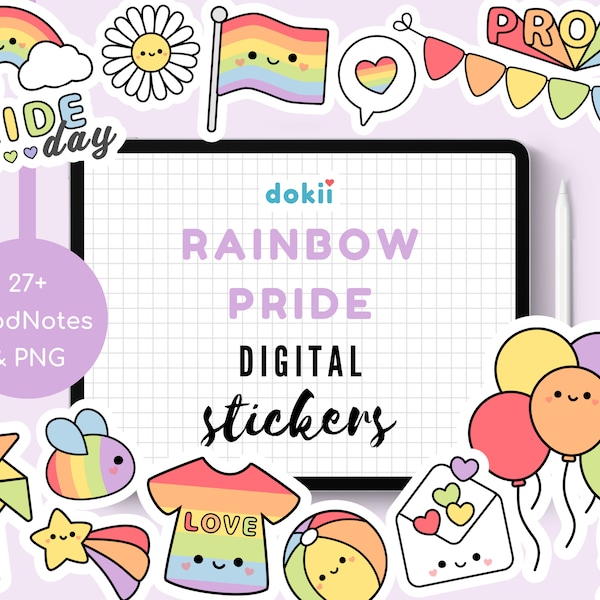 Kawaii Pride Digital Stickers, Cute LGBTQ+ GoodNotes PNG Clipart Rainbow Flag Queer Gay Bi Lesbian Equality Love Positivity Pride Month June