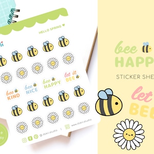 Foglio di adesivi carini BEE HAPPY / Adesivi Kawaii Positivity Planner - Bee Kind, Bee Nice, Let It Bee Motivational, Adesivo Bumble Bee Primavera UK