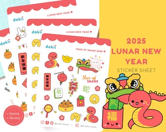 2025 Year of Snake Sticker Sheet | Cute Lunar New Year Planner Sticker Kawaii Snake Sticker Chinese New Year CNY UK Red Pocket Lion Dance