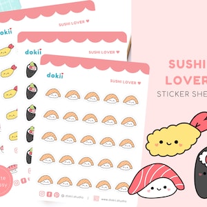 Foglio di adesivi per amanti del sushi Kawaii / Adesivi per pianificatore di pasti carini Cibo giapponese e snack asiatici / Diario Bullet Journal Opaco/Lucido Kiss-Cut UK