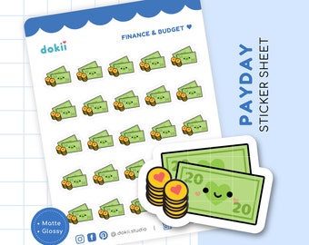 Kawaii Payday Sticker Sheet | Cute Payday Planner Stickers Budget Stickers Finance Planning Cashflow Money Icon | Matte/Glossy Sticker UK