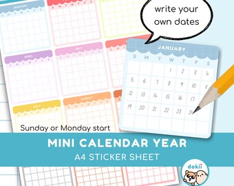 2026 Yearly Calendar Square Sticker | Small Planner Date Reference ...