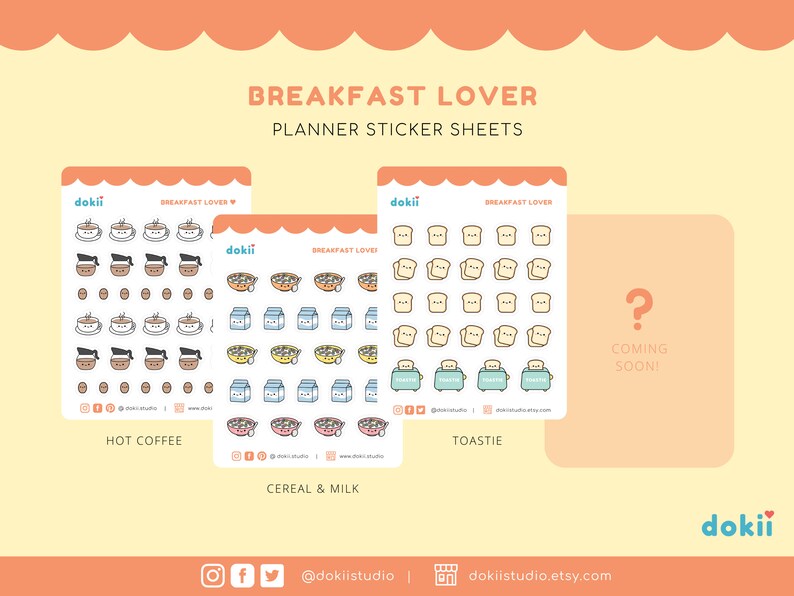 Pu&ograve; includere: Tre fogli di adesivi con illustrazioni di cibi per la colazione. I fogli sono etichettati "Caff&egrave; caldo", "Cereali e latte" e "Toasty". I fogli fanno parte di una collezione di adesivi per planner "Breakfast Lover".
