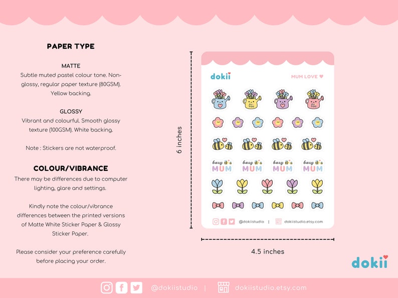 May include: A sheet of sticker paper featuring a selection of charming bee and flower designs. The stickers measure 4.5 inches by 6 inches and are available in matte or glossy finishes. The text on the sticker sheet reads "Mum Love" and "Busy It's Mum".