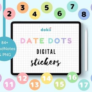 Digitala klistermärken med regnbågsfärgade datumprickar | 84+ funktionella kalenderklistermärken i pastellfärger, förbeskurna i PNG och Goodnotes för nedladdning