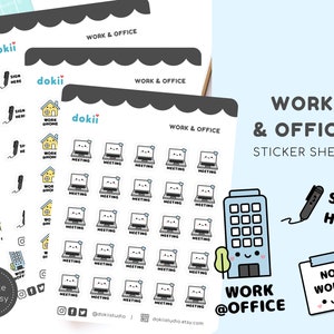 Stickervel Kawaii werk- en kantoorplanner | Leuke bedrijfspictogrammen werken vanuit huis, zoomen Vergaderen Laptop Kantoor Kalender Werkpictogrammen Herinneringen VK