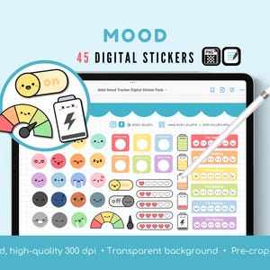 Könnte beinhalten: Ein digitales Sticker-Paket mit 45 Mood-Tracker-Stickern. Die Sticker zeigen eine Vielzahl von niedlichen Comic-Gesichtern, Batterie-Icons und anderen Designs. Die Sticker sind perfekt, um Planern, Tagebüchern und anderen digitalen Dokumenten eine persönliche Note zu verleihen.