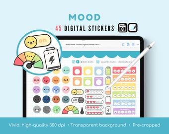 Adesivi digitali umore carino / 45 adesivi tracker umore GoodNotes / Adesivi pianificatore digitale umore / Adesivi digitali emote carini Emoji Face PNG