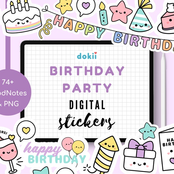 Kawaii Birthday Party Digital Sticker Pack | 74+ Cute Birthday GoodNotes Digital Planner PNG Clipart - Birthday Cake, Balloons & more