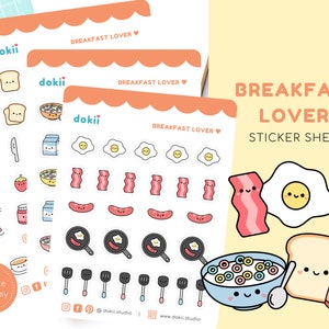 Feuille d'autocollants pour les amoureux du petit-déjeuner kawaii | Planificateur de repas autocollant alimentaire mignon | Egguf, bacon, crêpe, avocat... | Sticker mat/brillant Kiss-cut Royaume-Uni