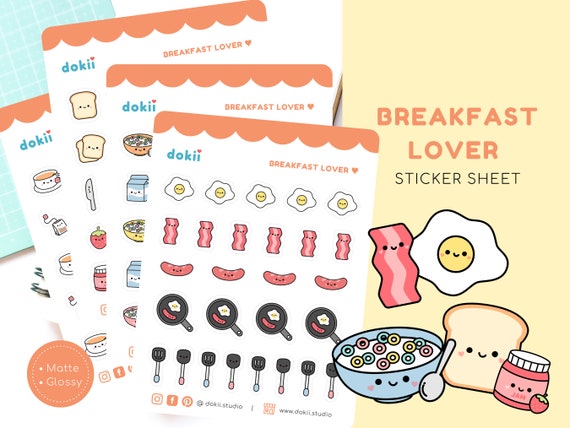 Kawaii Breakfast Lover Sticker Sheet | Cute Food Sticker Meal Planner | Egg, Bacon, Pancake, Avocado... | Matte/Glossy Kiss-cut Sticker UK