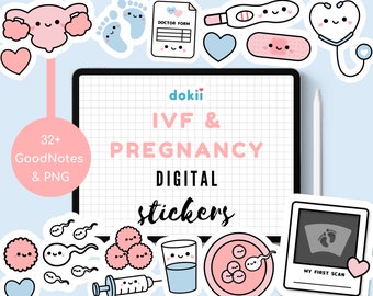 May include: Digital stickers for GoodNotes and PNG files. The stickers are pink, blue, and white and feature illustrations related to IVF and pregnancy. The text "dokii IVF & PREGNANCY DIGITAL stickers" is on a white background with a grid pattern.