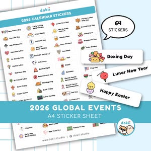 Hoja de 64 pegatinas de eventos globales del calendario 2026 / Bonitas pegatinas para el planificador de eventos anuales globales con fechas / Pegatinas de vacaciones 2026 (Reino Unido, EE. UU., Mundial)