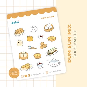 Hoja de pegatinas de dim sum kawaii / pegatinas lindas de yum cha Planificador de comidas de comida de Hong Kong Tarta de huevo, bao de dumplings al vapor, siu mai, har gao, cheung fun
