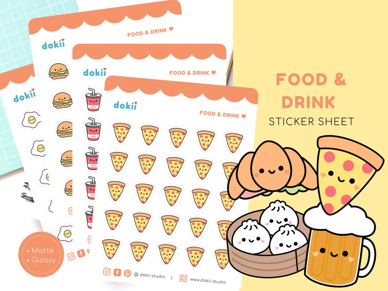 May include: A sticker sheet with a variety of food and drink themed illustrations. The sheet includes images of pizza, french fries, hamburgers, eggs, and drinks. The sheet is labeled "Food & Drink Sticker Sheet".
