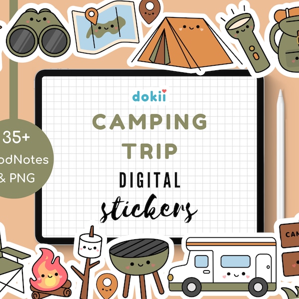 Ensemble d'autocollants numériques de camping Kawaii | 35 planificateur mignon de bonnes notes de camping d'aventure en plein air | Camp d'été PNG Clipart, tente, feu de camp