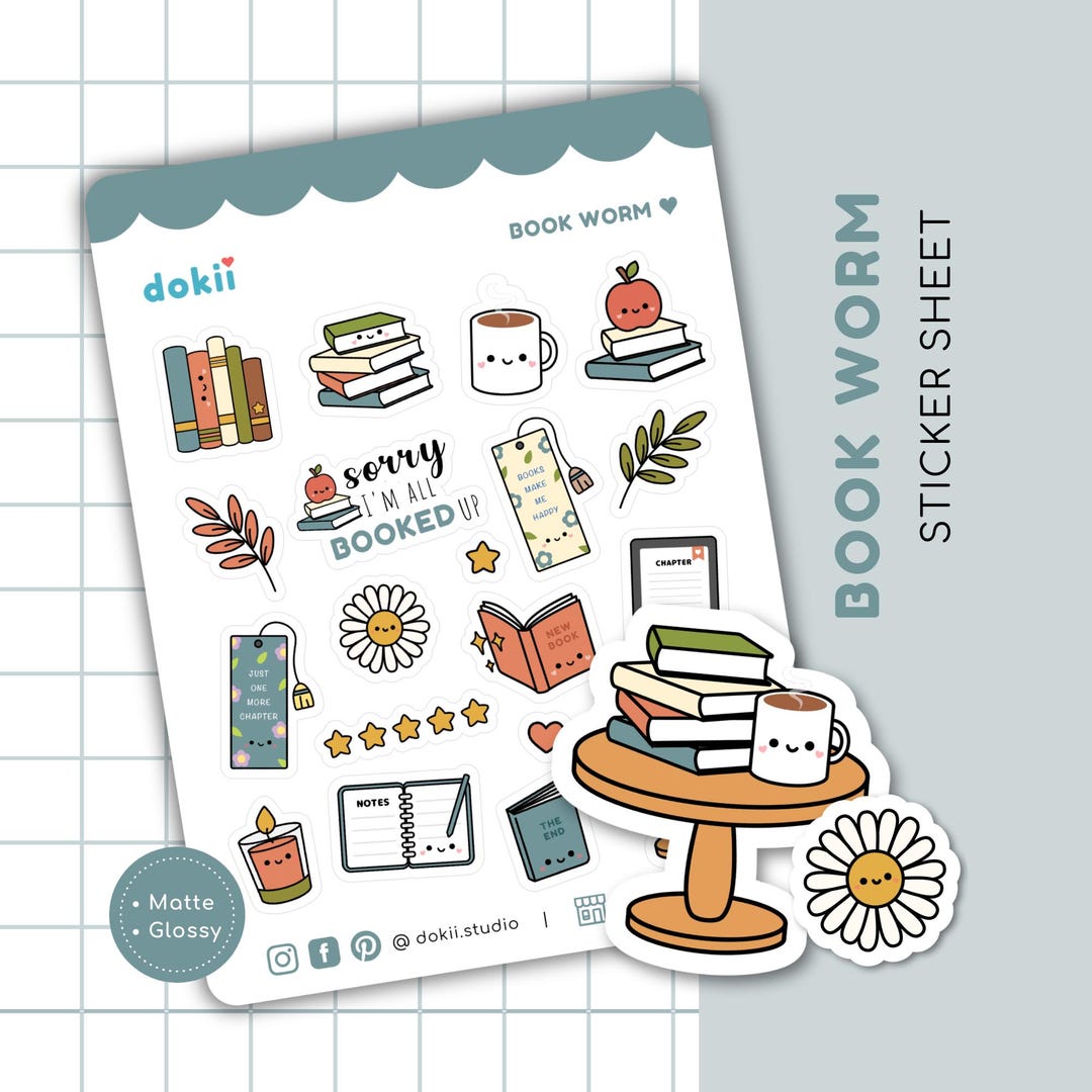 Cute Book Worm Sticker Sheet | Book Lover Planner Stickers Reading Book ...