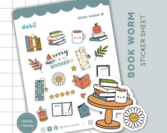 Hoja de pegatinas de gusano de biblioteca, pegatinas para planificador de amantes de los libros, pegatinas para diario de lectura, pegatinas kawaii de libros, pegatinas para club de lectura acogedor, chica literaria