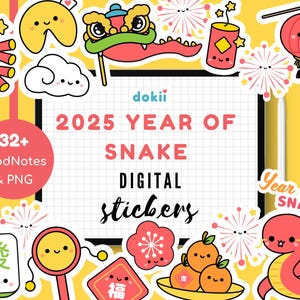 Serpent autocollant numérique Nouvel an lunaire 2025 | Pack d&#39;autocollants pour agenda numérique GoodNotes Festival du Nouvel An chinois Kawaii et agenda serpent PNG mignon