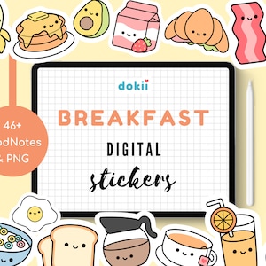 Kawaii Breakfast Digital Sticker | 46+ Cute Food & Drink GoodNotes Pre-Cropped PNG Meal Planner Sticker November File Download