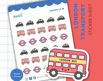 Kawaii London Transport Sticker Sheet | Cute London Black Taxi, Red Double Decker Bus, London Underground TFL, London Tube, London Travel UK