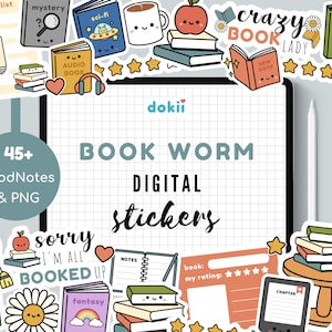 Op de afbeelding: Digitale sticker set met een boeken thema. Bevat stickers met boeken, koffiemokken en de tekst "Book Worm Digital Stickers". Extra stickers bevatten zinnen als "Sorry I'm all booked up" en "Crazy Book Lady".