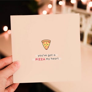 Linda tarjeta de pizza con forma de corazón / Tarjeta de pizza con divertidos juegos de palabras para San Valentín, tarjeta de aniversario de pizza kawaii, amante de la pizza, tarjeta de felicitación de San Valentín con divertidos juegos de palabras