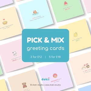 Lot de cartes de voeux MIX & MATCH, jolies cartes assorties, lot de 3 ou 5 cartes de voeux kawaii, anniversaire, anniversaire, meilleurs amis...