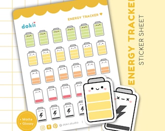 30 Cute Energy Tracker Sticker Sheet | Kawaii Energy Planner Stickers Energy Level, Social Battery Stickers, Battery Charge Level Stickers
