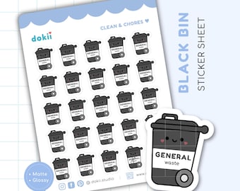 Cute Black Bin Sticker Sheet UK | Black Wheelie Bin Planner Sticker General Waste Non-Recyclable Sticker Reminder