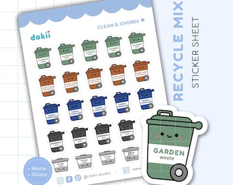 Cute Recycling Bin Sticker Sheet UK Mix | Recycling Day Reminder Planner Stickers Green Bin Garden Waste Collection Sticker Wheelie Bin