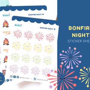 Feuille d'autocollants Kawaii Bonfire Night | Sticker feu d'artifice du 5 novembre Festival nocturne de Guy Fawkes - Stickers des Fêtes britanniques Royaume-Uni