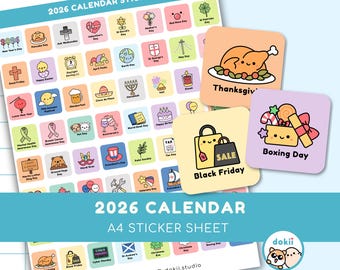 2026 Ultimate Calendar Sticker Sheet | 64 urocze naklejki na kalendarz wydarzeń rocznych z datami | Kawaii 2026 Holidays Stickers UK, US, Global