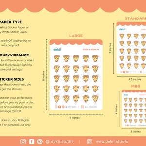 May include: A sheet of pizza stickers in three sizes: large, standard, and mini. The stickers feature a cartoon pizza with a smiling face. The sticker sheet is 6 inches by 8 inches. The standard size sticker sheet is 4.5 inches by 6 inches. The mini size sticker sheet is 3 inches by 4 inches.