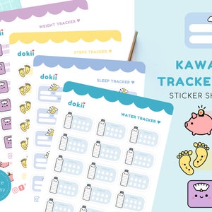 Stickervel Kawaii Trackers | Leuke watertracker, gewichtsverliestracker, stappentracker, slaaptracker | Gezondheids- en fitnessplanner Kalender VK