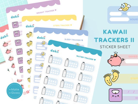 Kawaii Trackers Sticker Sheet | Cute Water Tracker, Weight Loss Tracker, Steps Tracker, Sleep Tracker | Health & Fitness Planner Calendar UK