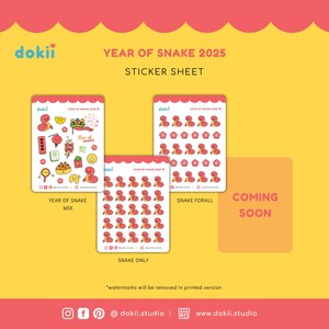 May include: A sticker sheet featuring a variety of designs celebrating the Year of the Snake. The sheet includes a mix of traditional Chinese New Year symbols, such as a dragon, lanterns, and coins, as well as cute snake illustrations. The text "Year of Snake 2025" is printed at the top of the sheet.