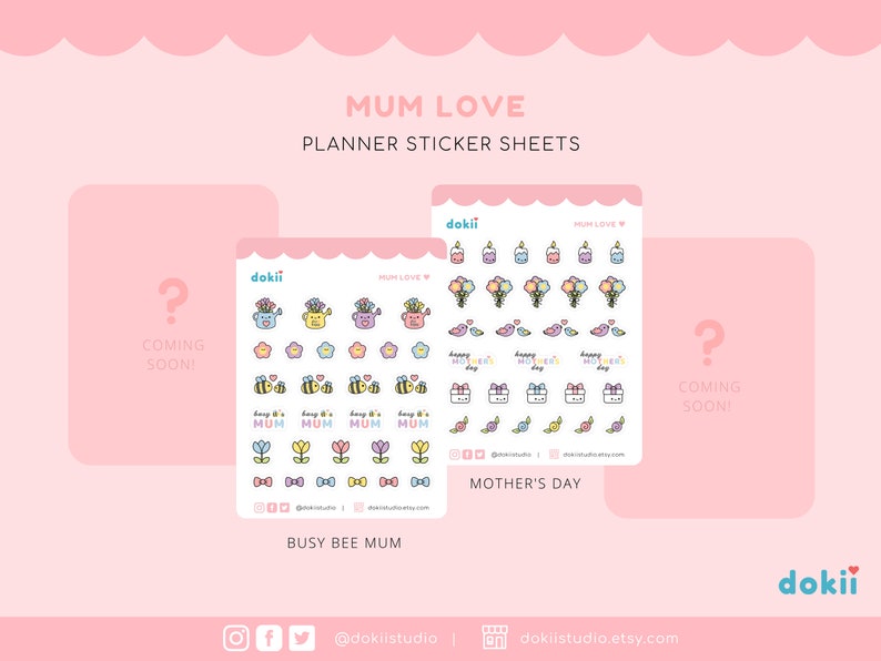 May include: Two sheets of planner stickers with a pink background. The stickers feature a variety of designs, including bees, flowers, and the word "Mum". The stickers are labelled "Busy Bee Mum" and "Mother's Day".