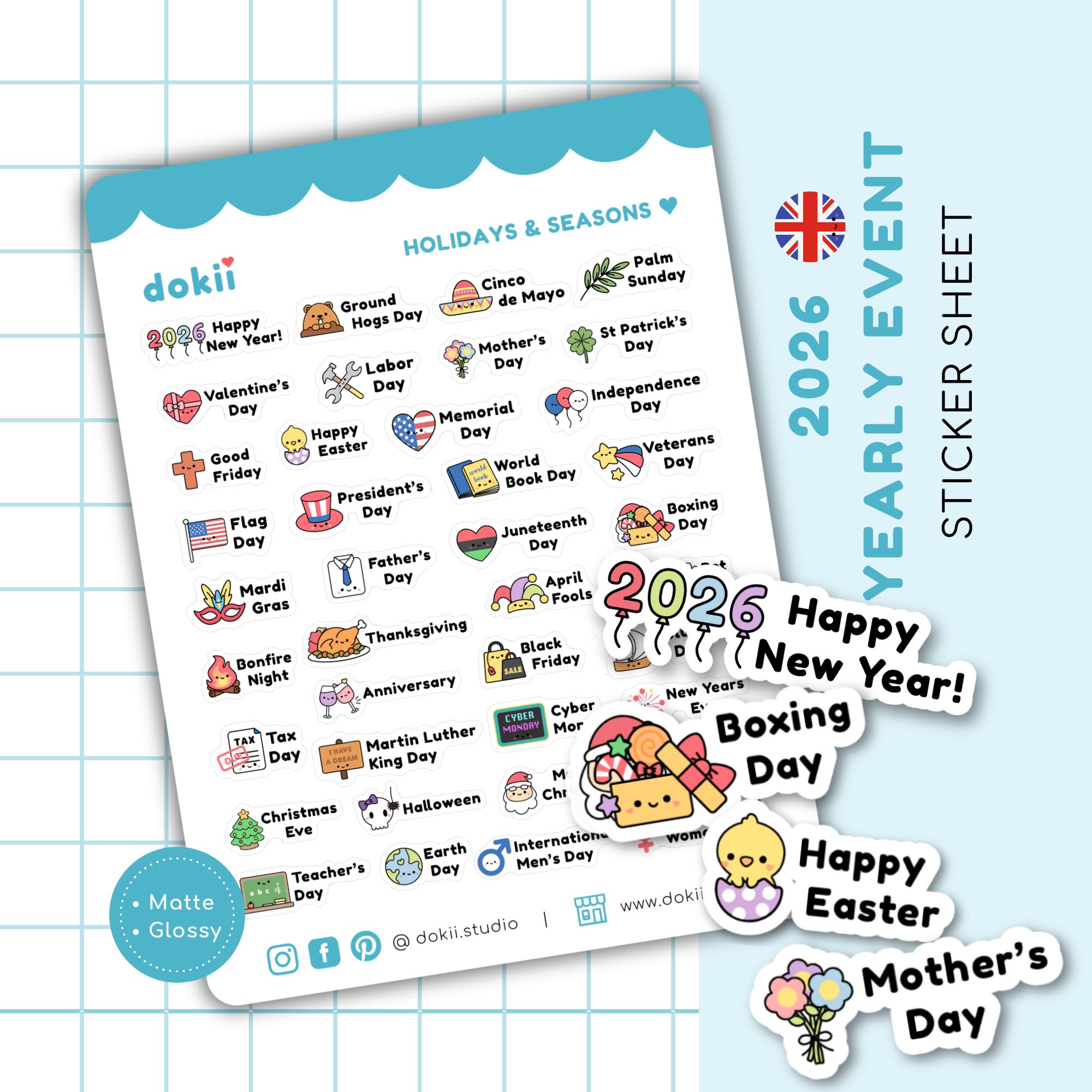 39 Cute UK Yearly Events Planner Stickers 2026 UK Calendar Stickers ...