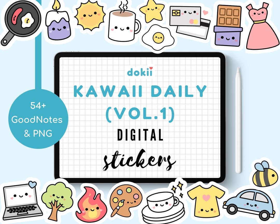 Kawaii Daily Digital Sticker Bundle (vol. 1), 54+ Cute Everyday Icons ...