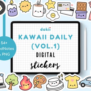 Kawaii Daily Digital Sticker Bundle (Vol. 1), 54+ Cute Everyday Icons PNG & Pre-Cropped GoodNotes November Planner Sticker Digital Download